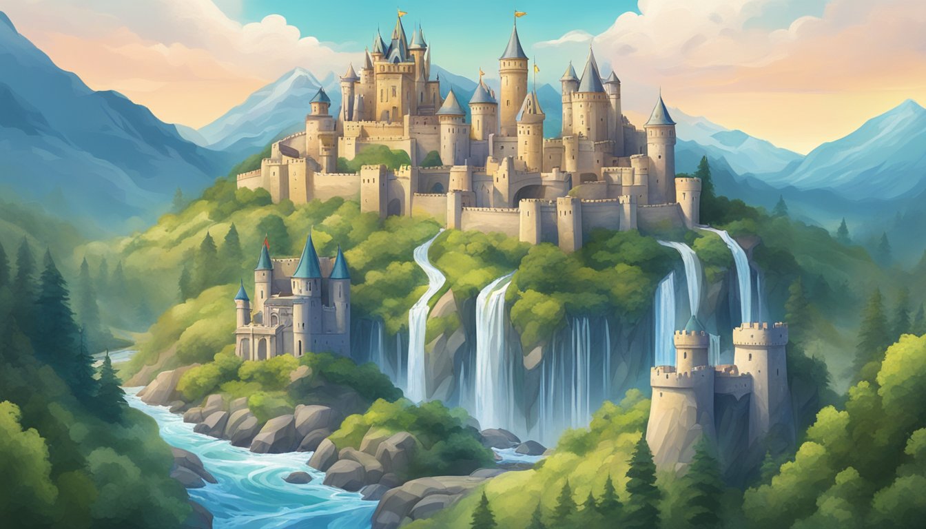 A majestic castle atop a mountain, surrounded by other smaller castles representing different bottled water brands