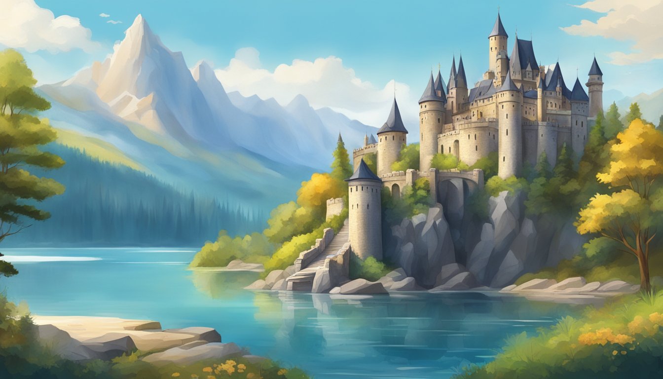 A majestic castle perched on a rocky cliff, overlooking a pristine lake with crystal clear water flowing from a natural spring