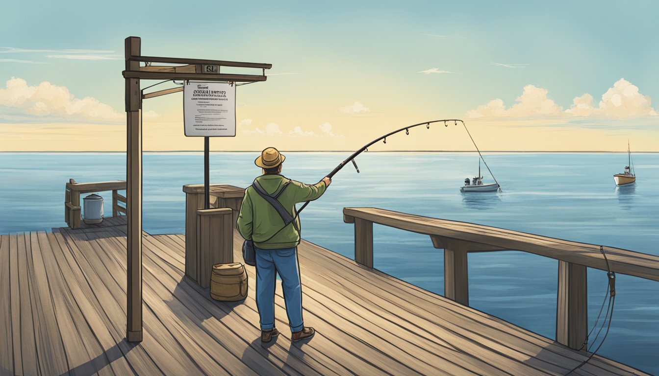 A person standing at a dock, holding a fishing rod and looking out at the ocean. Nearby, a sign displaying information about obtaining a Delaware saltwater fishing license