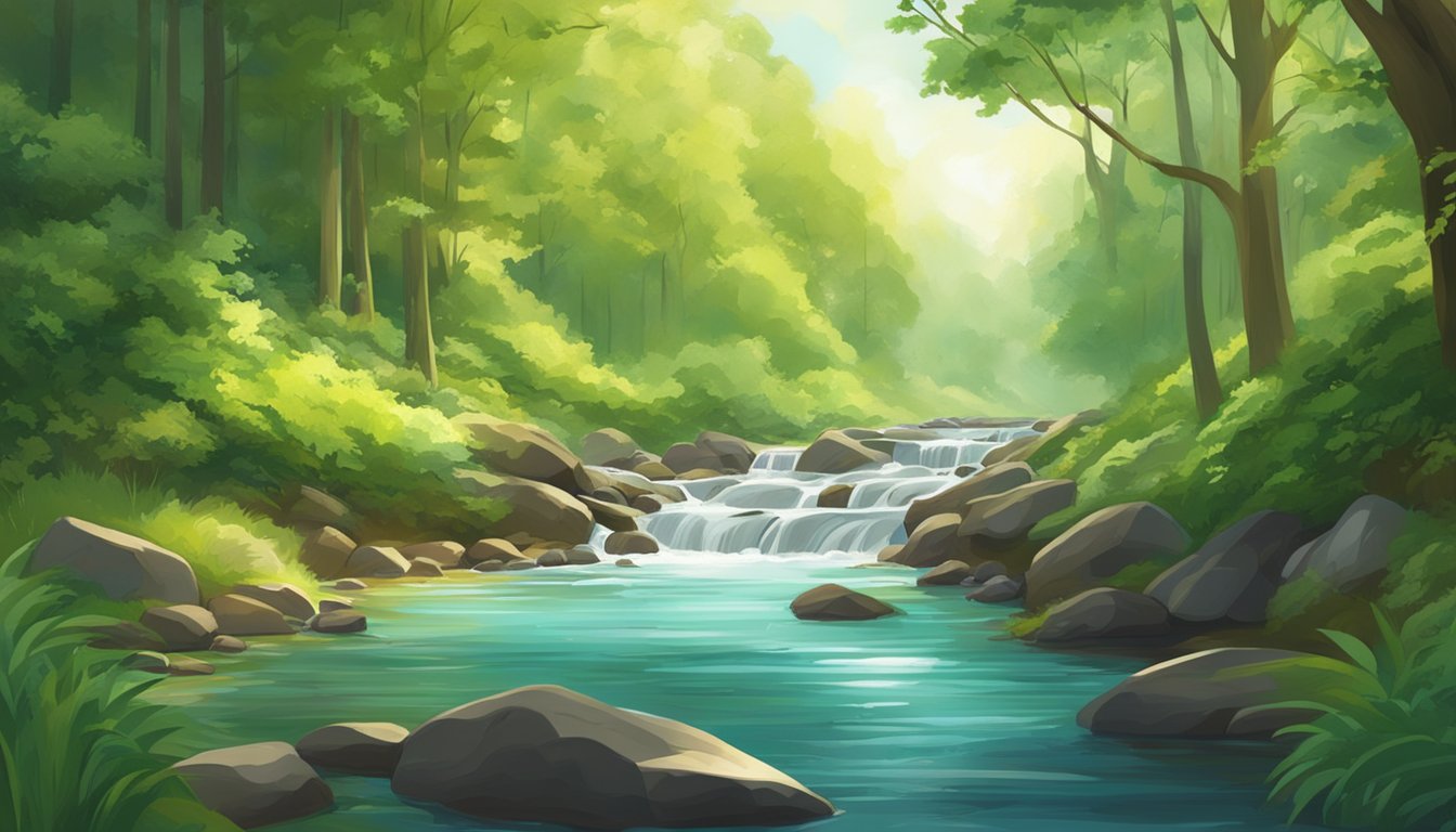 A clear, refreshing stream flows through a lush forest, surrounded by vibrant greenery and sunlight filtering through the trees