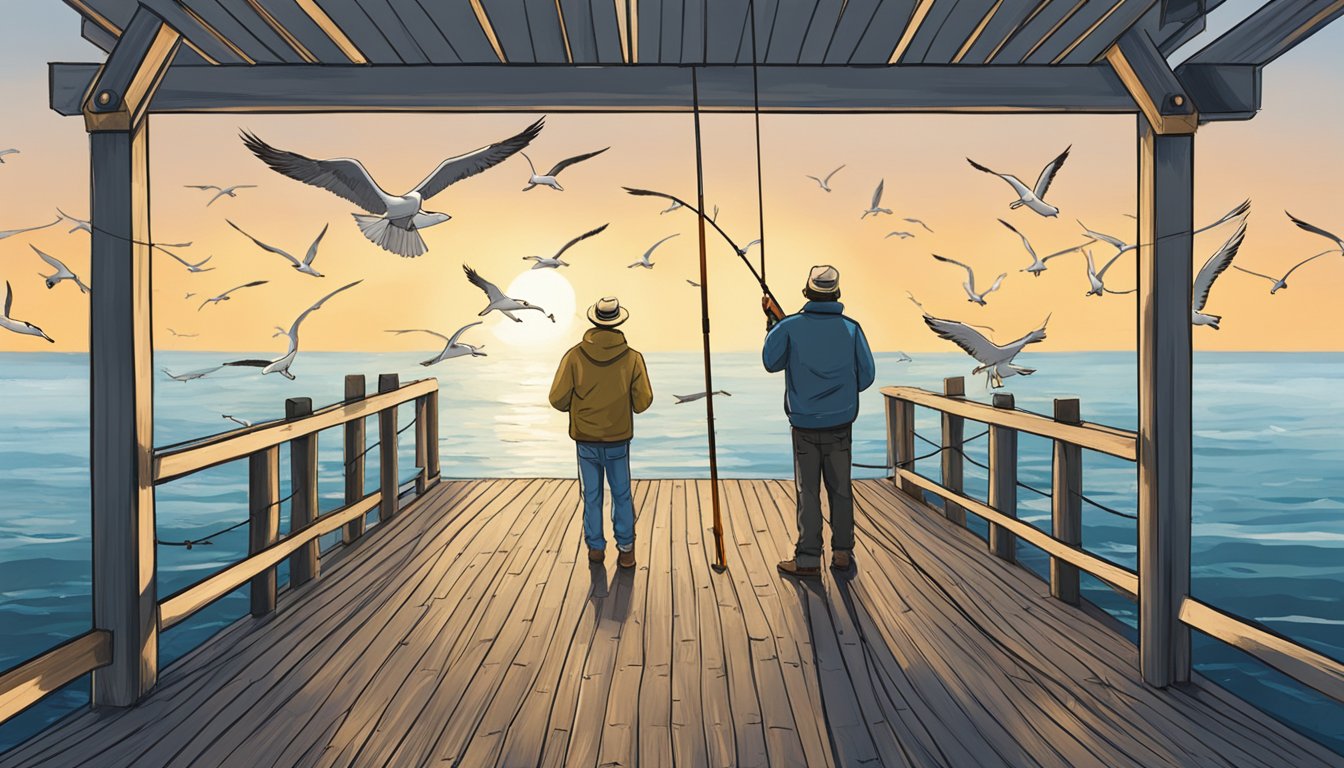 A person standing at a fishing pier with a saltwater fishing rod, surrounded by the ocean and seagulls flying overhead