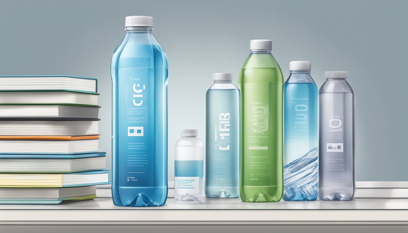 A clear plastic bottle of Core Hydration water stands on a sleek, modern countertop next to a stack of informative purchasing and practical guide books