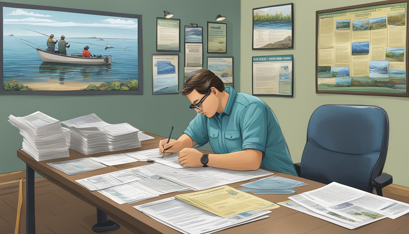 A person filling out a permit application at a Delaware conservation office, surrounded by posters and brochures on saltwater fishing