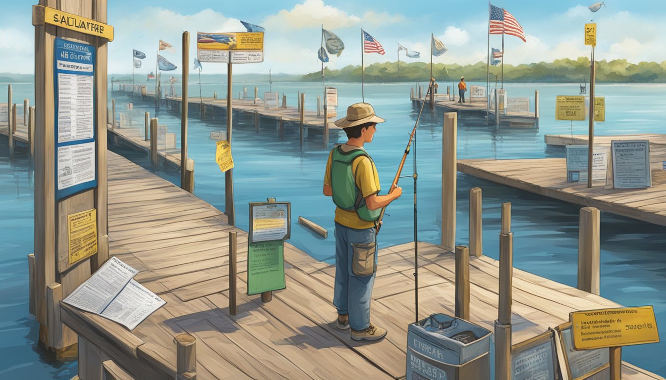 A person holding a fishing rod stands on a pier, surrounded by signs displaying fishing regulations and information on obtaining a saltwater fishing license in Delaware