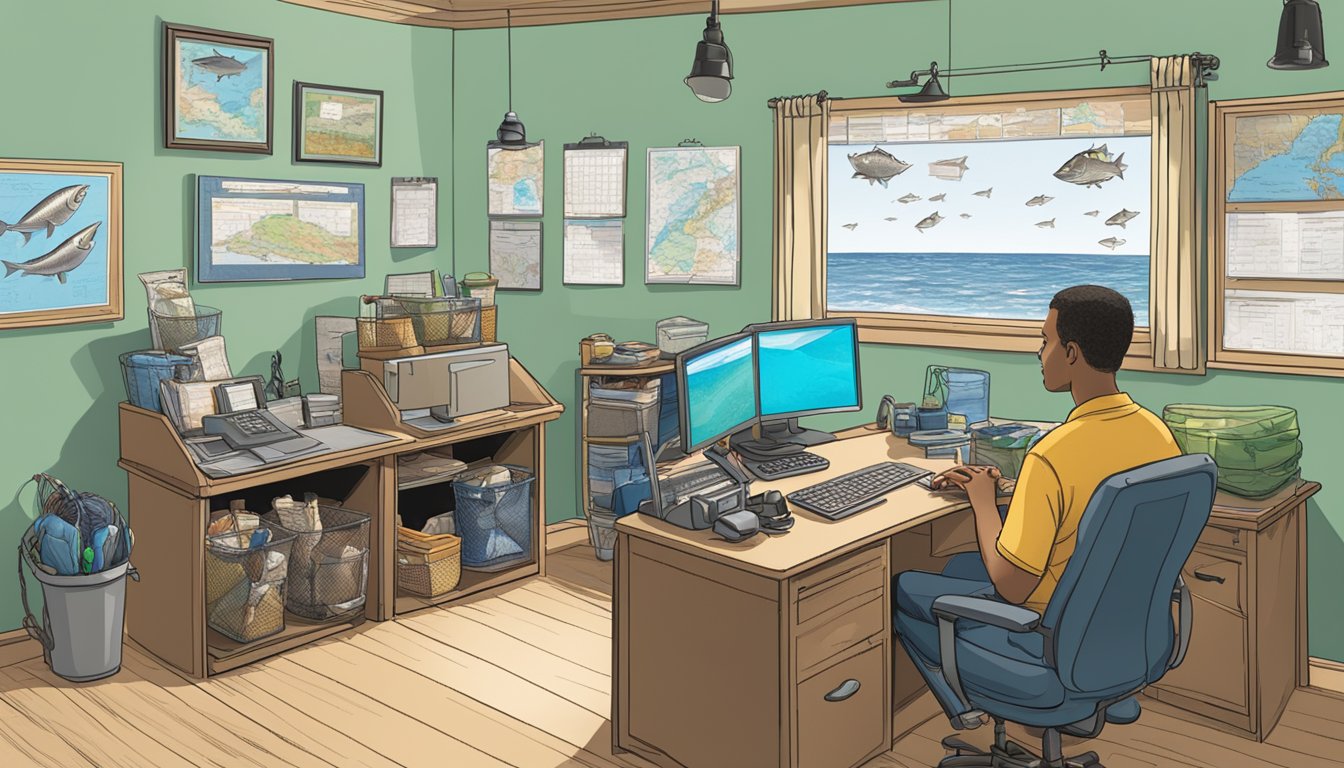 A person sitting at a desk with a computer, filling out a form to obtain a saltwater fishing license in Delaware. The room is bright and organized, with fishing gear and maps on the wall