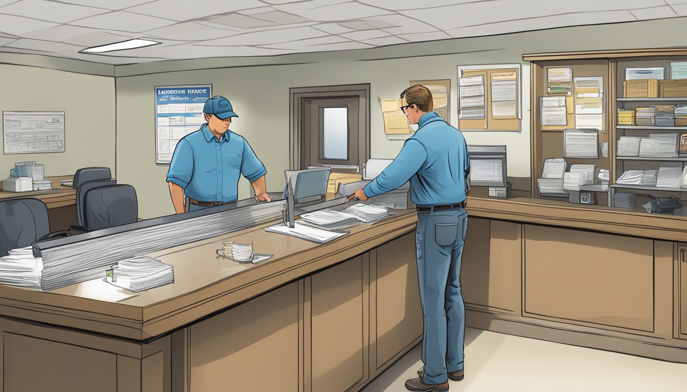 A person standing at a government office counter, presenting identification and filling out paperwork to obtain a saltwater fishing license in Delaware