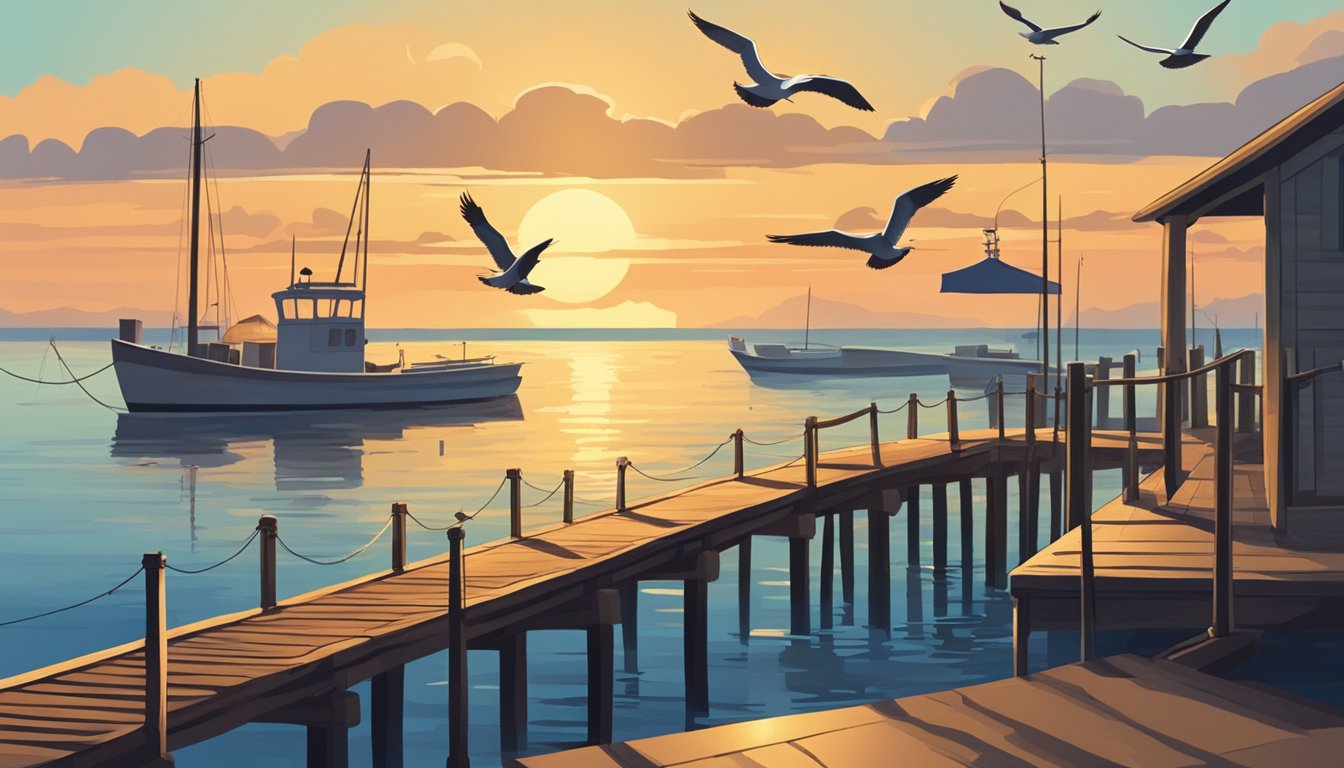 A serene coastal landscape with a pier, fishing boats, and seagulls flying overhead. The sun is setting, casting a warm glow over the water