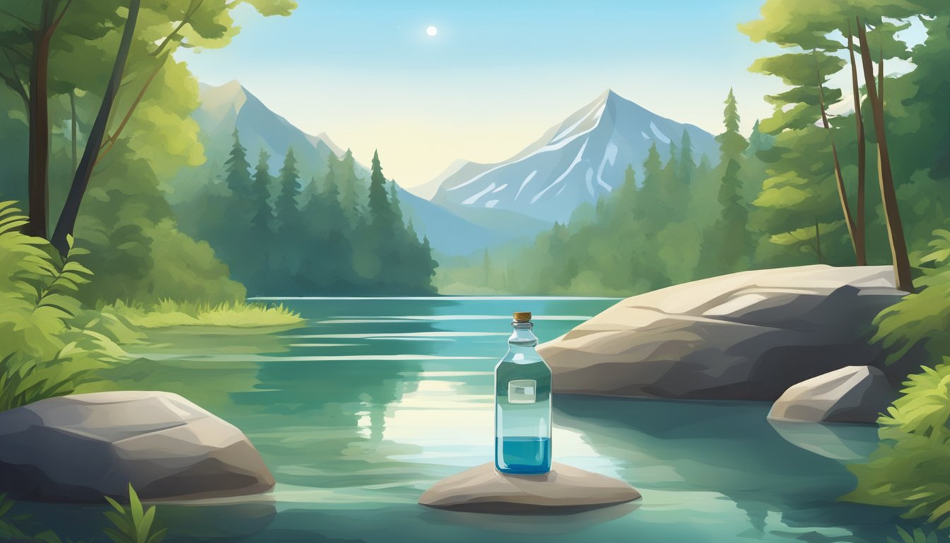 A serene, crystal-clear lake surrounded by lush greenery, with a single bottle of water placed on a rock at the water's edge