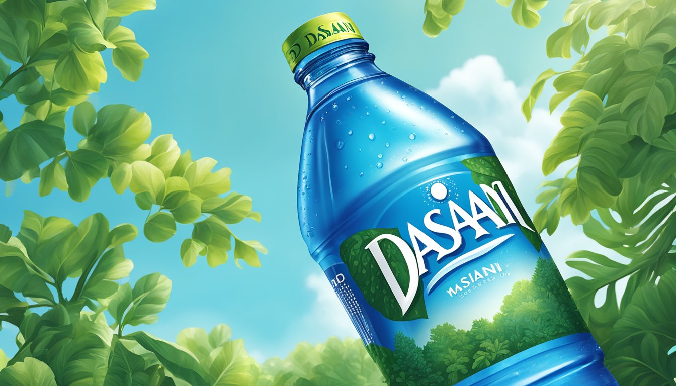 A refreshing bottle of Dasani Water stands against a backdrop of clear, blue skies and lush greenery