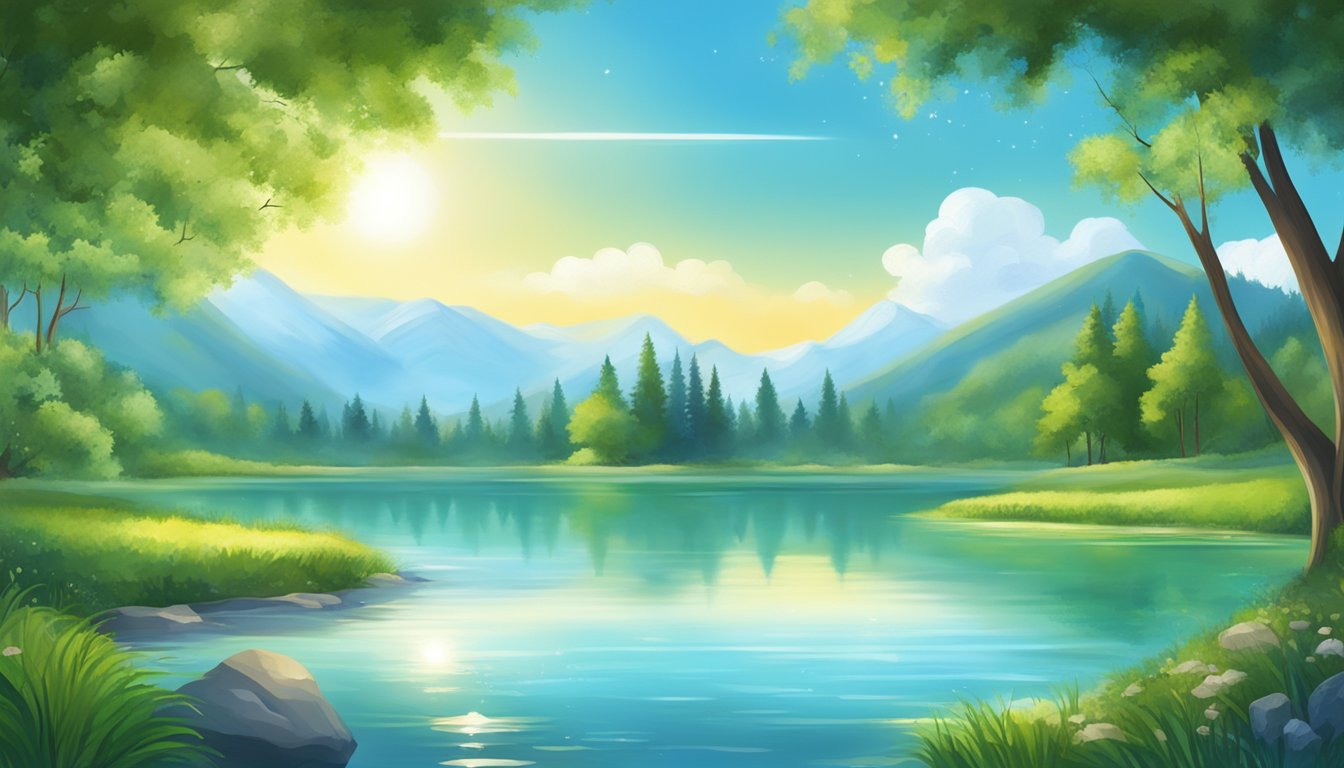 A serene lake surrounded by lush greenery, with a clear blue sky and a sparkling, crystal-clear water source flowing into the lake