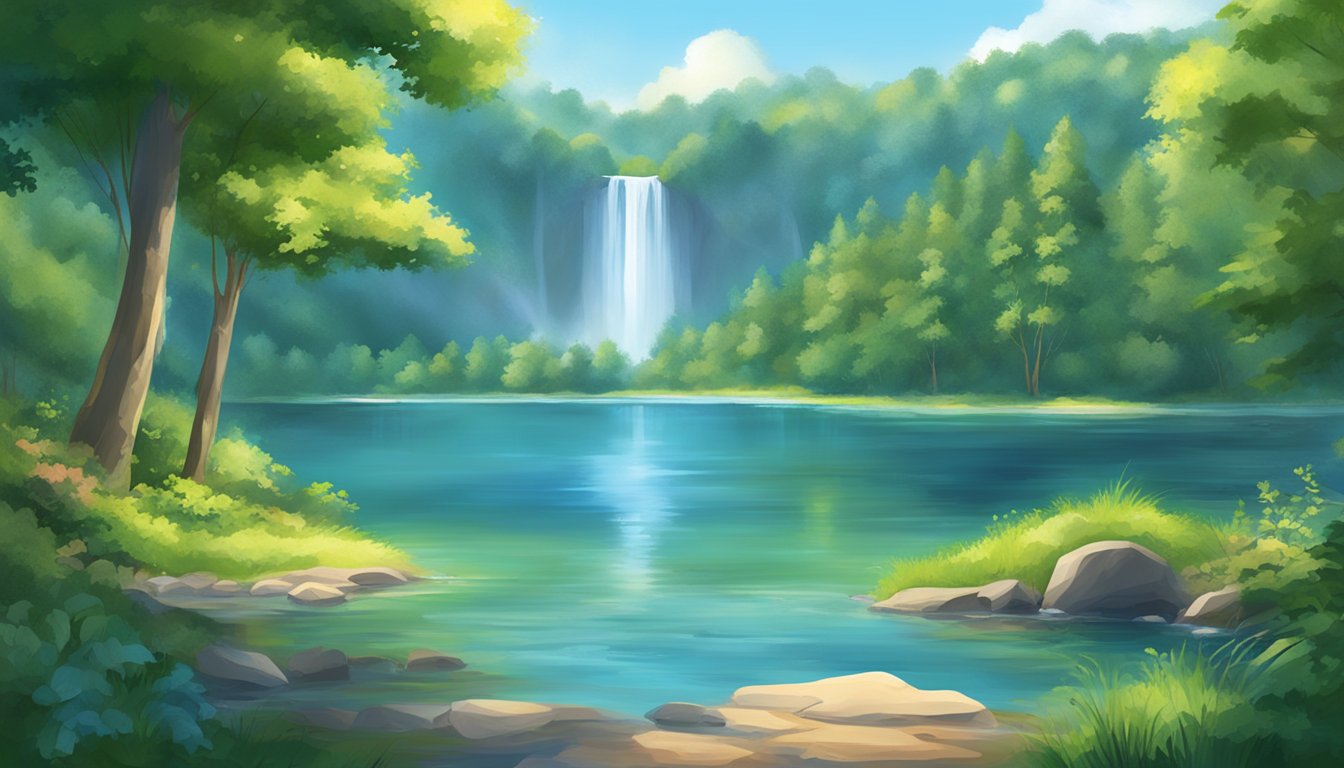 A pristine lake surrounded by lush greenery, with a clear blue sky overhead and a sparkling waterfall in the background