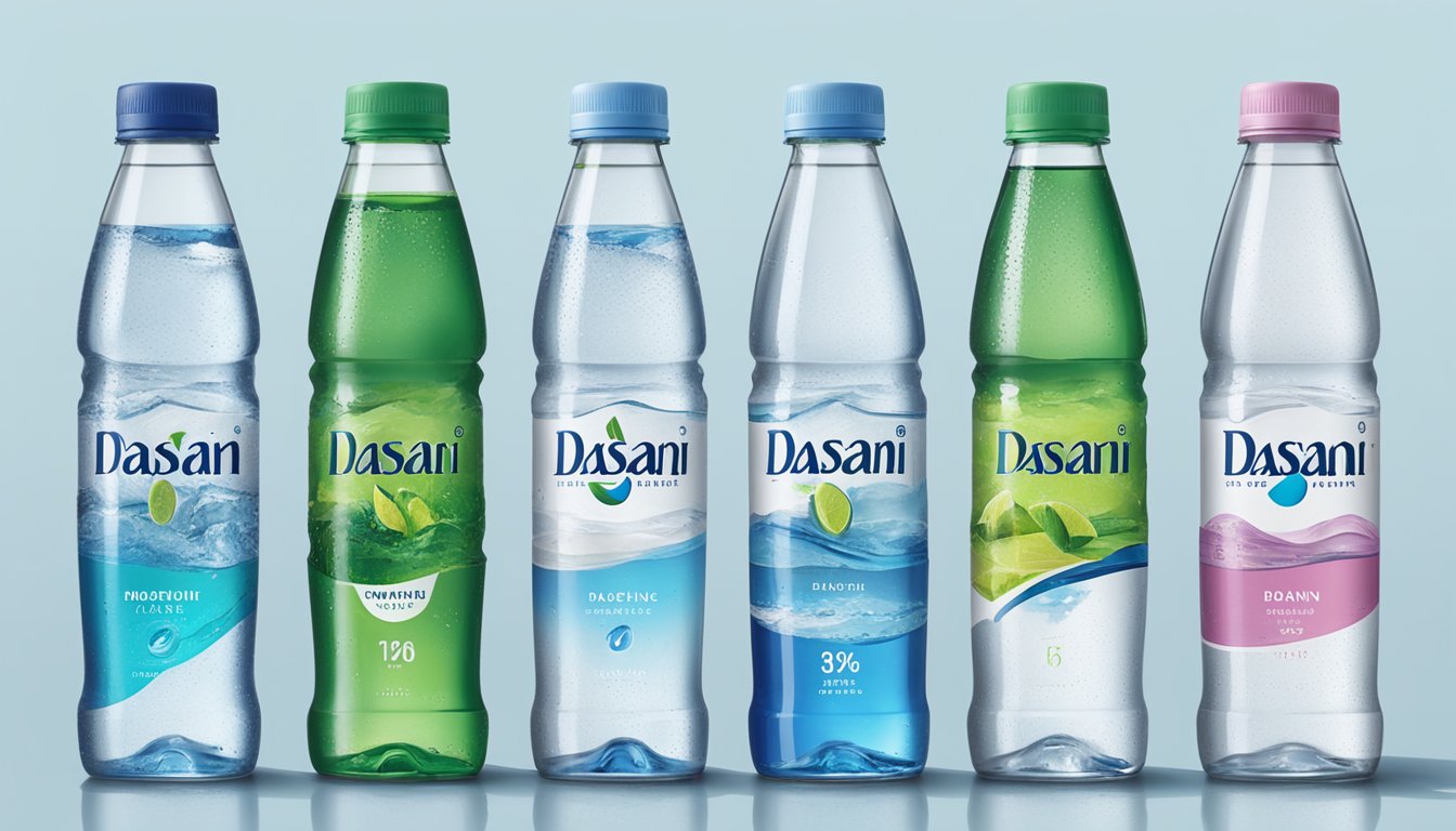 A lineup of various bottled waters, including Dasani, arranged on a table for comparison