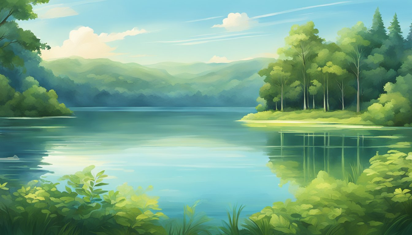 A serene lake surrounded by lush greenery and clear blue skies