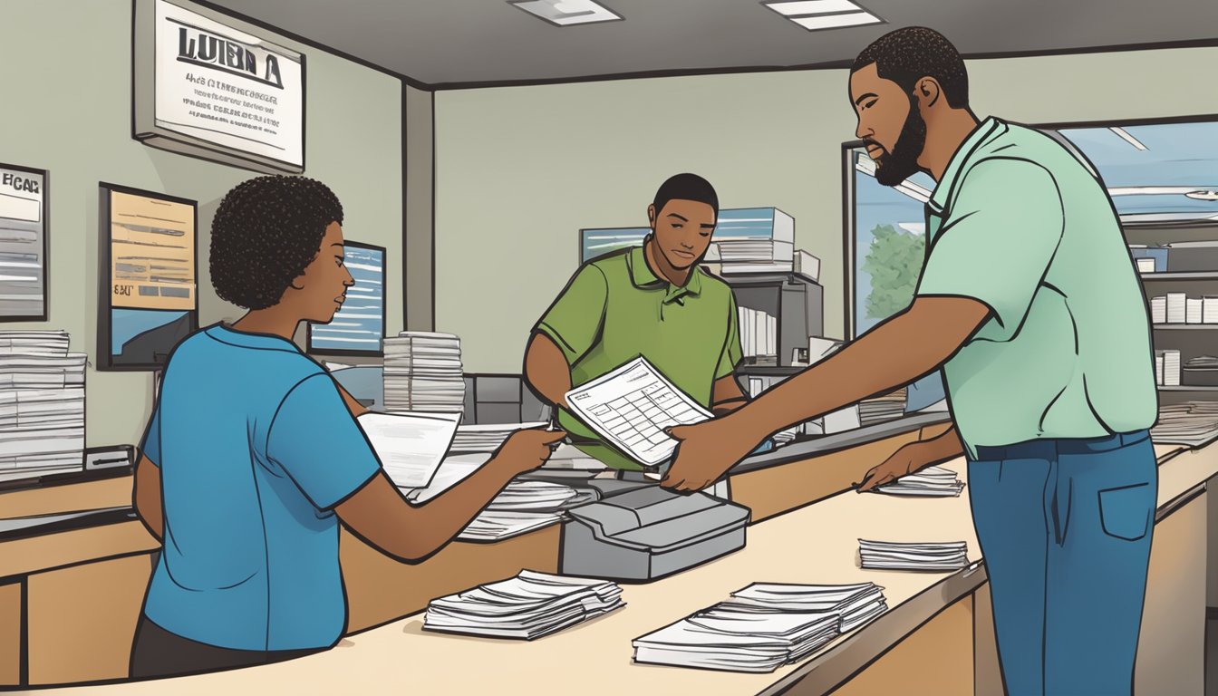 A person standing at a Louisiana fishing license office counter, handing over paperwork and payment to a clerk. The clerk is processing the application and handing back the license