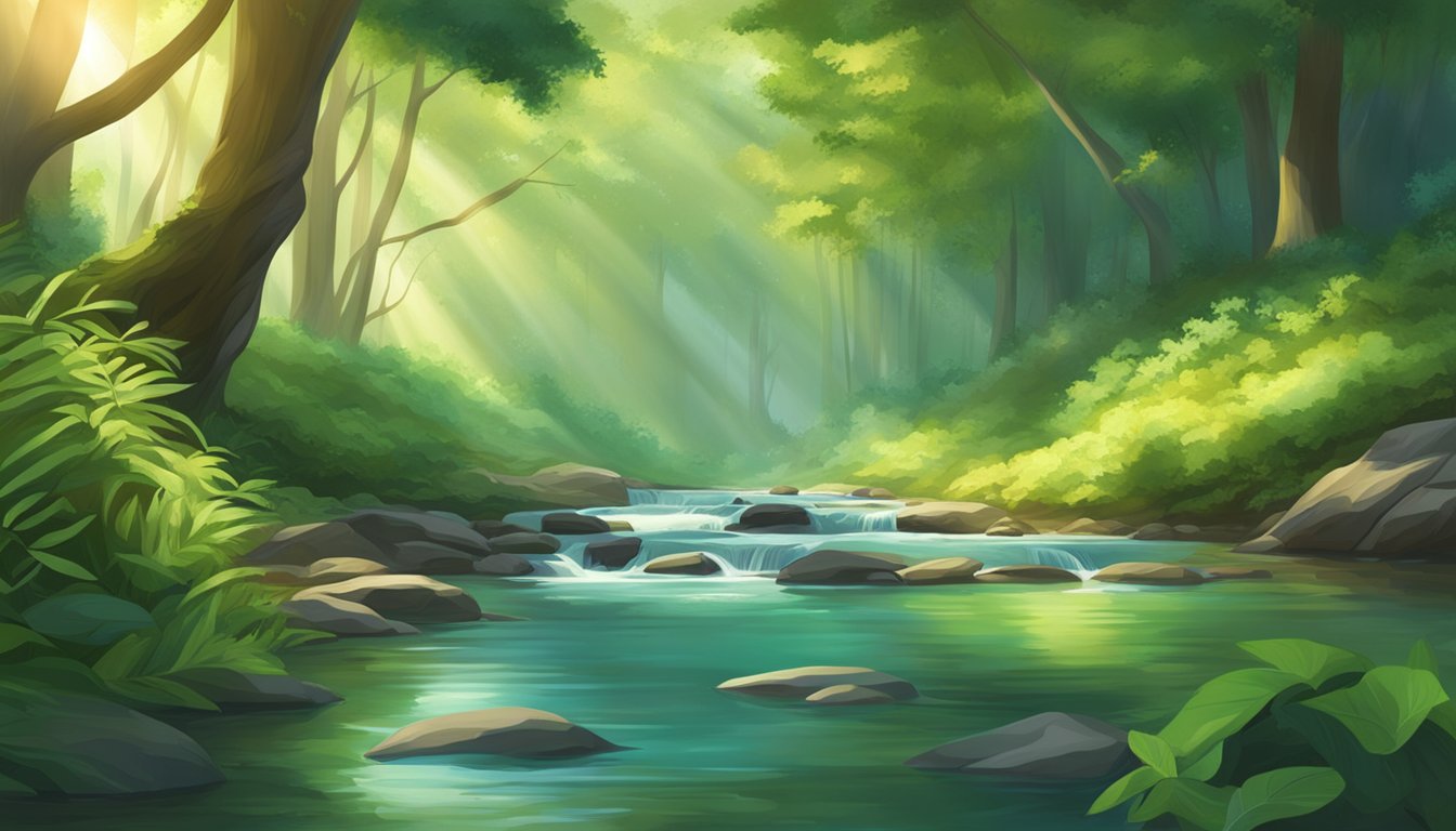 A serene forest stream flows through lush greenery, with sunlight filtering through the leaves and reflecting off the clear, pristine water