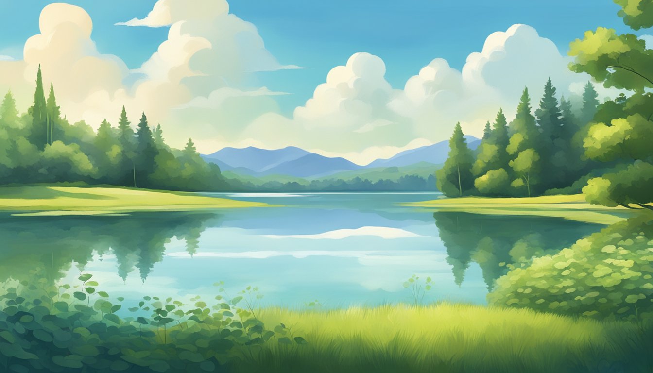 A serene, idyllic lake surrounded by lush greenery, with a clear blue sky and a few fluffy clouds overhead