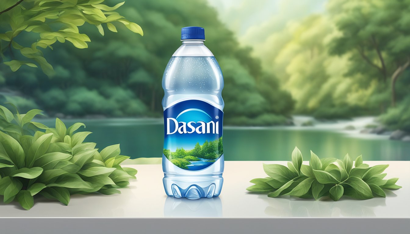 A clear plastic Dasani water bottle sits on a white table, surrounded by lush green foliage and a flowing stream in the background