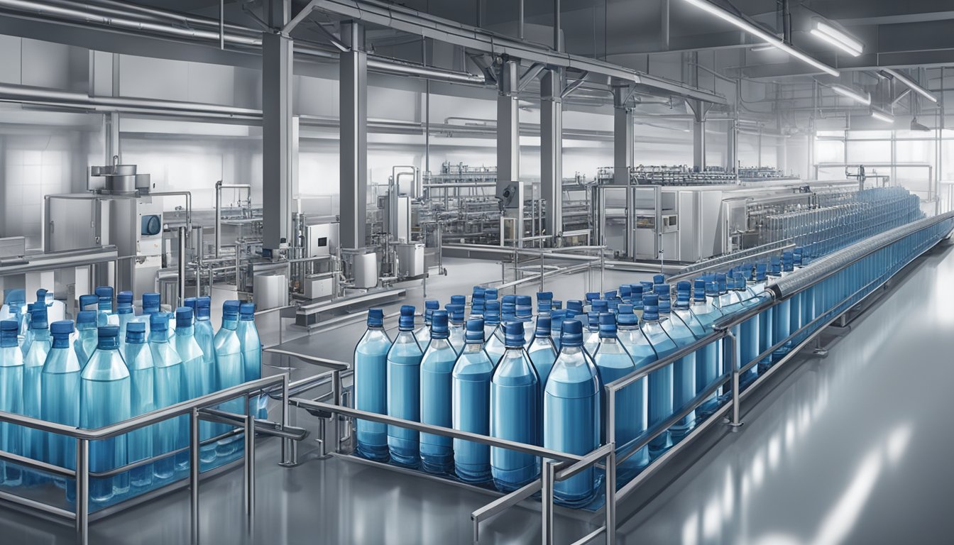 A factory line producing bottled water with quality control measures and industry standards in place