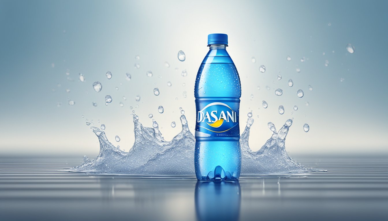 A clear plastic bottle of Dasani water standing on a reflective surface, surrounded by droplets of condensation