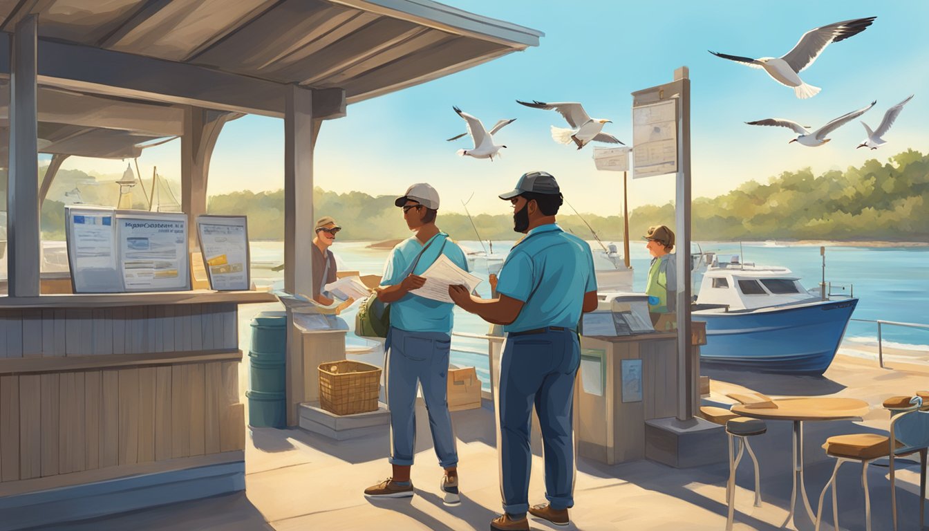 A person standing at a Louisiana fishing license counter, handing over paperwork and payment to a clerk. Outside, a sunny coastal scene with boats and seagulls