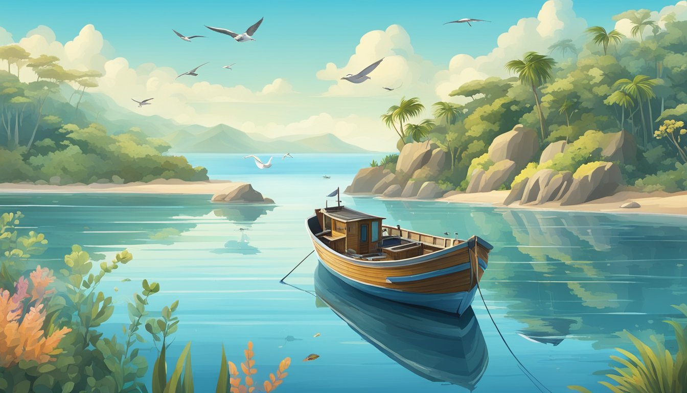 A serene coastal landscape with a fishing boat on calm waters, surrounded by diverse marine life and birds, under a clear blue sky