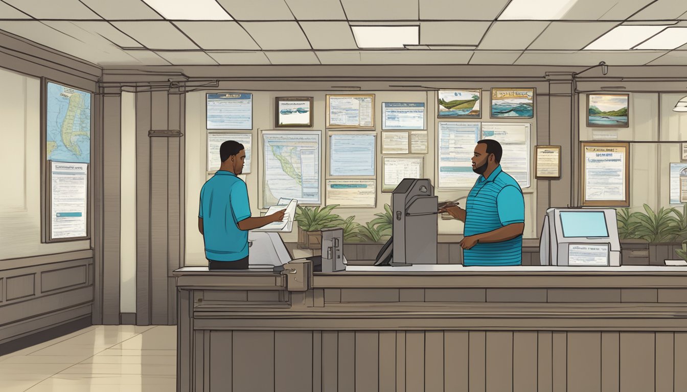 A person standing at a Louisiana fishing license office counter, speaking to a staff member and filling out paperwork. Outside, a sign displays "Saltwater Fishing License."