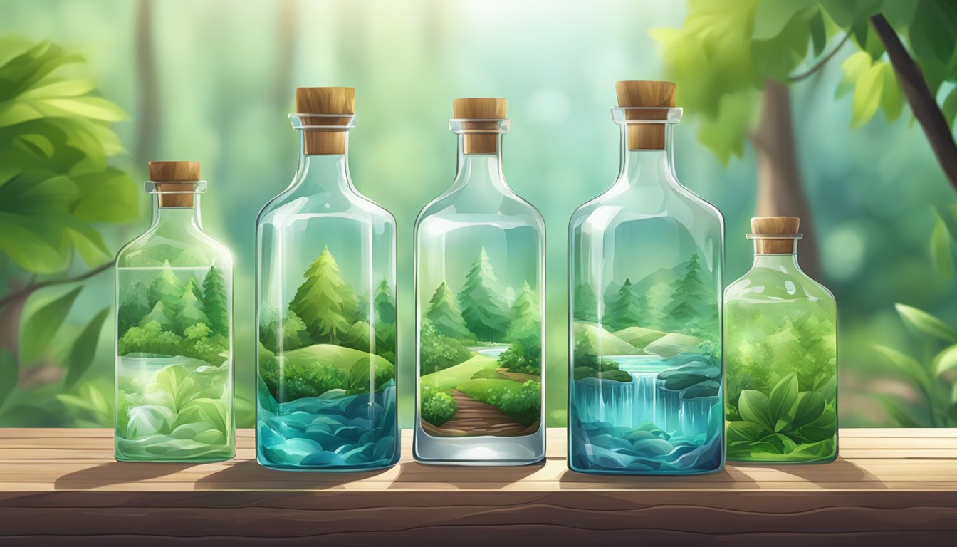 A serene mountain spring surrounded by lush greenery, with a crystal-clear stream flowing into glass bottles lined up on a wooden table