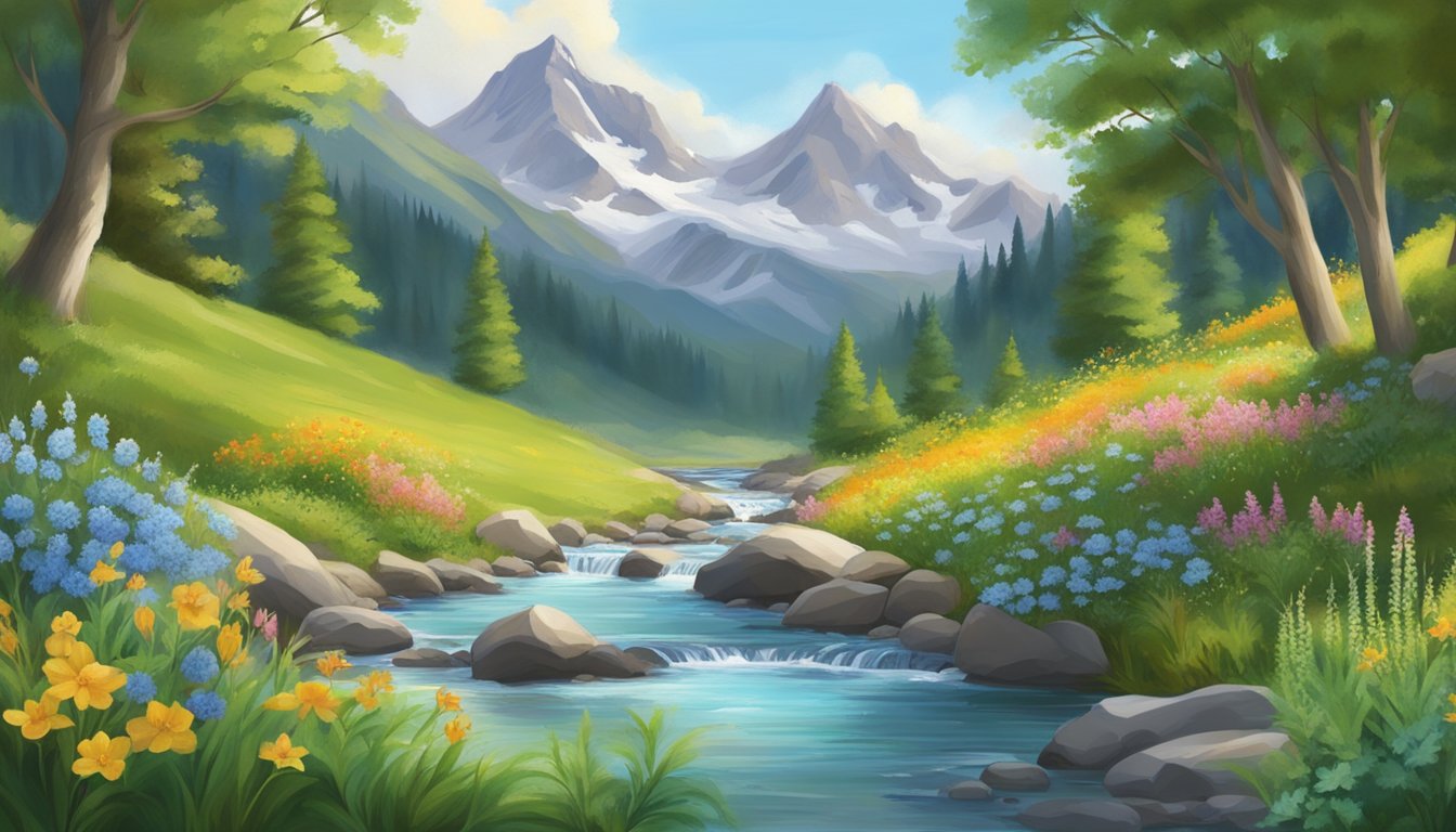 A serene mountain spring flows into a crystal-clear stream, surrounded by lush greenery and vibrant wildflowers