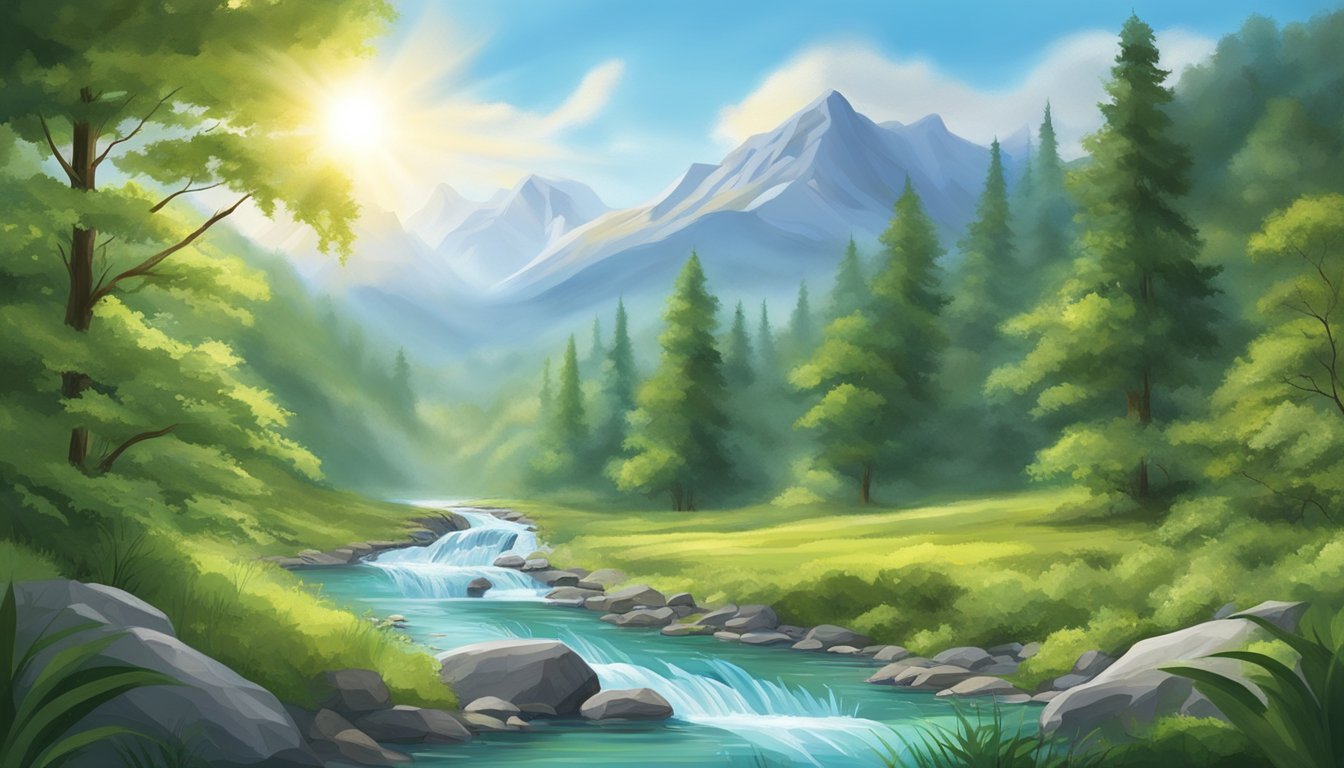 A crystal-clear stream flows through a lush forest, with sunlight filtering through the canopy onto the water. A mountain spring gushes forth, feeding the pure, pristine source of Erwhon bottled water