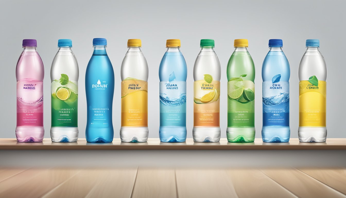 A row of different branded bottled waters lined up on a table, with labels facing outward