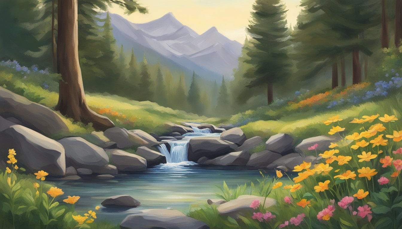 A serene mountain spring flows into a crystal-clear stream, surrounded by lush greenery and vibrant wildflowers. A bottle of Erewhon water sits beside the stream, reflecting the natural beauty of the landscape