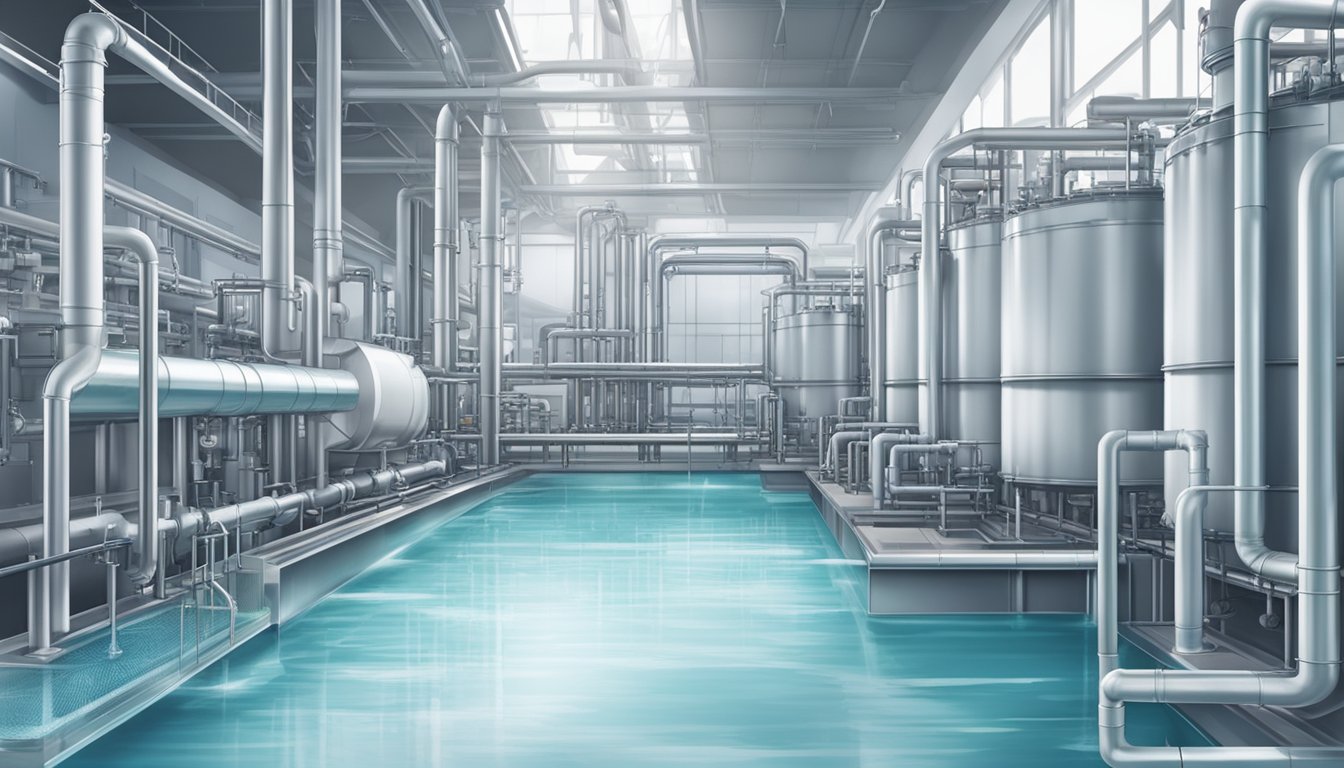 A pristine mountain spring flows into a modern filtration plant, with large tanks and pipes purifying the water before bottling