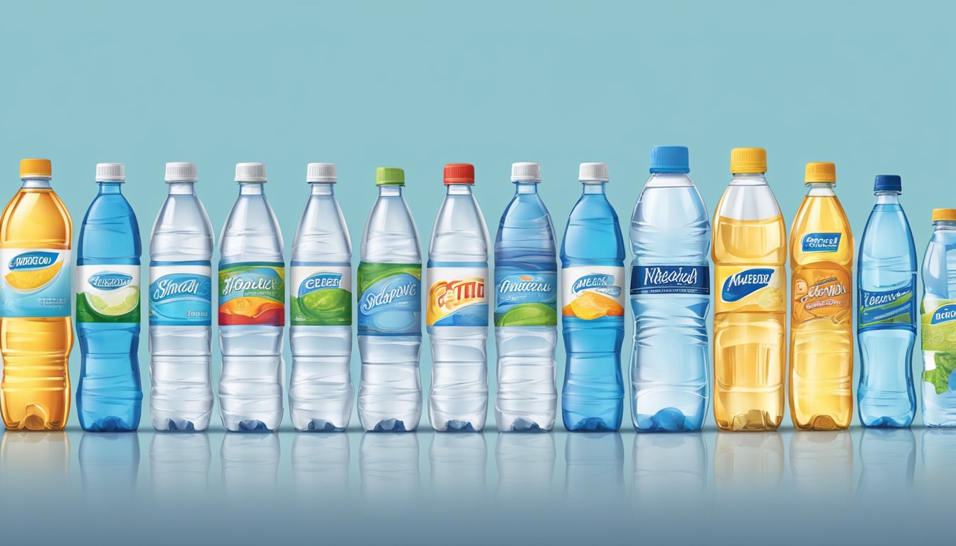 A lineup of various bottled water brands, each with distinct labels, arranged on a table for a comparative analysis