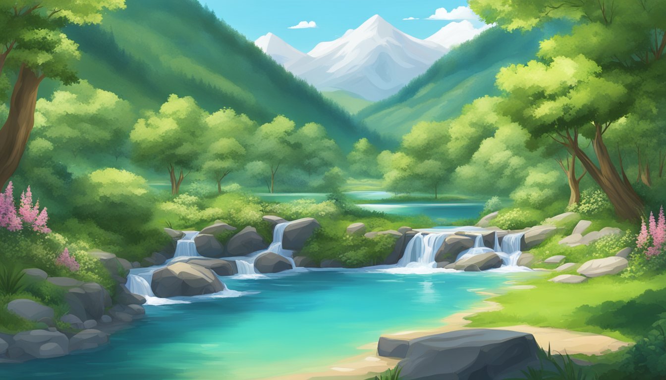 A pristine mountain spring surrounded by lush greenery and clear blue skies