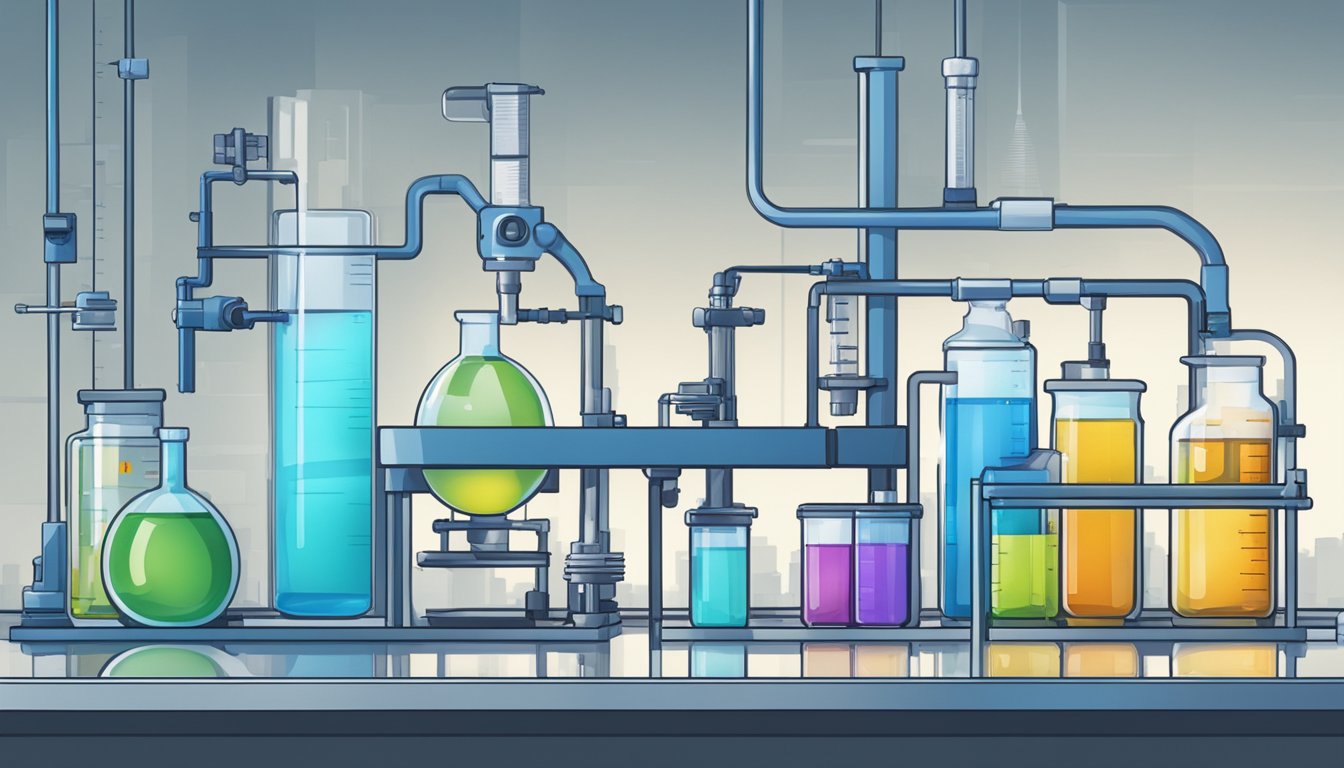 A laboratory setting with various testing equipment and bottles of water lined up for analysis