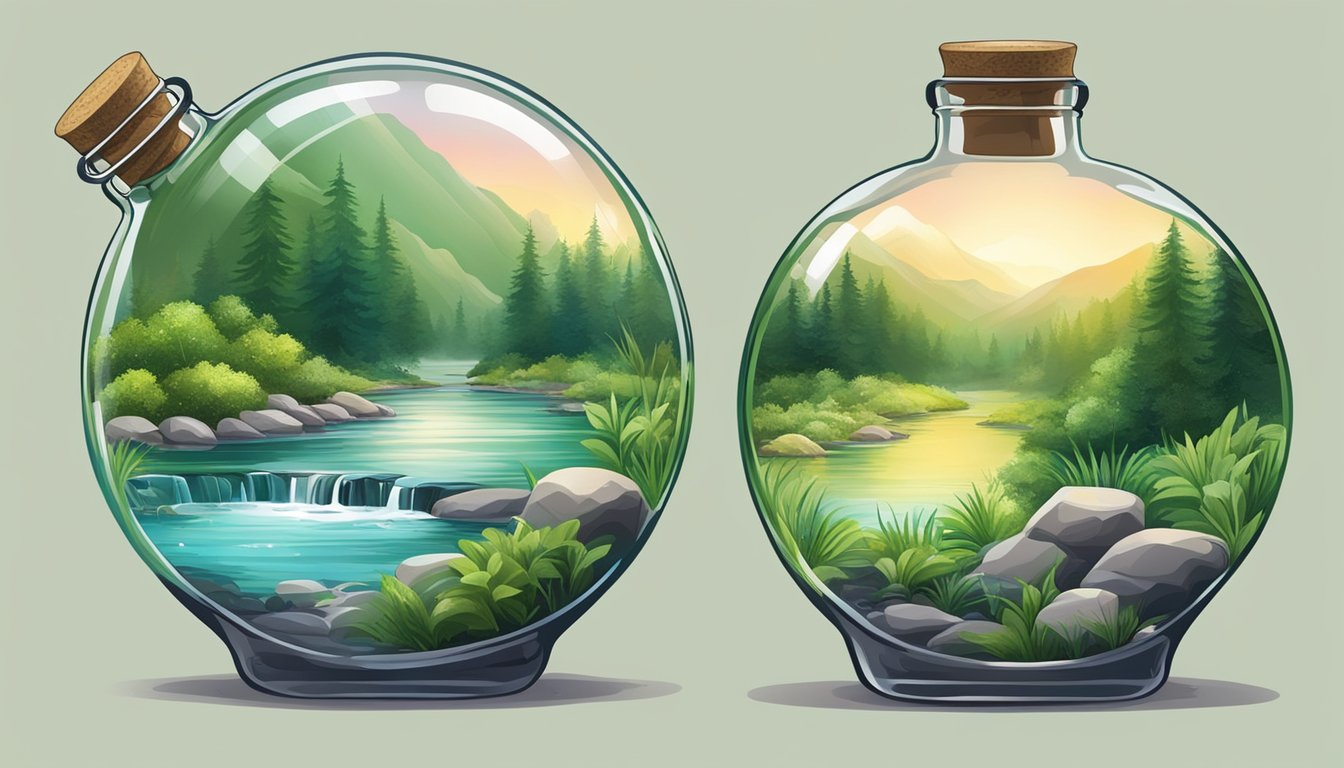 A serene mountain spring surrounded by lush greenery, with a clear, sparkling stream flowing into a pristine, glass bottle