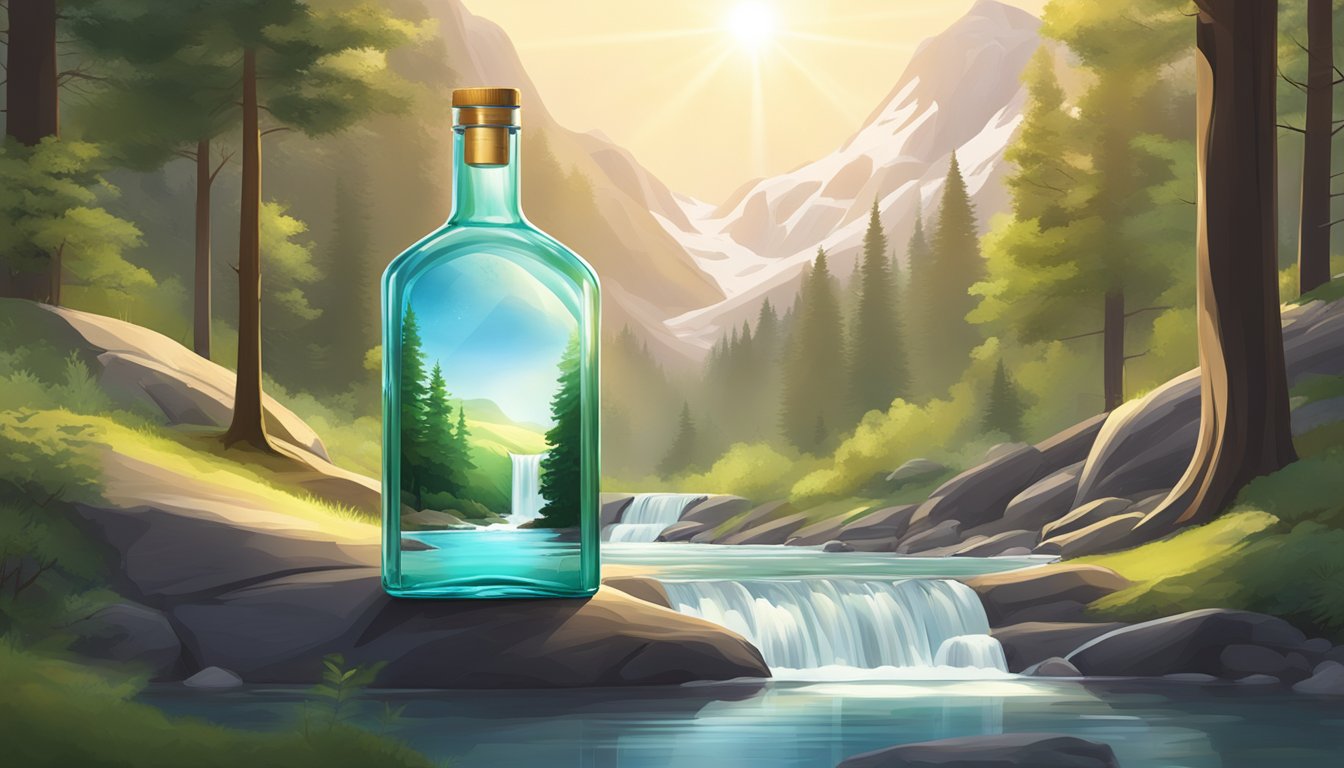 A serene mountain spring flows into a clear, glass-like bottle with a sleek, modern label. Sunlight filters through the trees, casting a soft glow on the scene