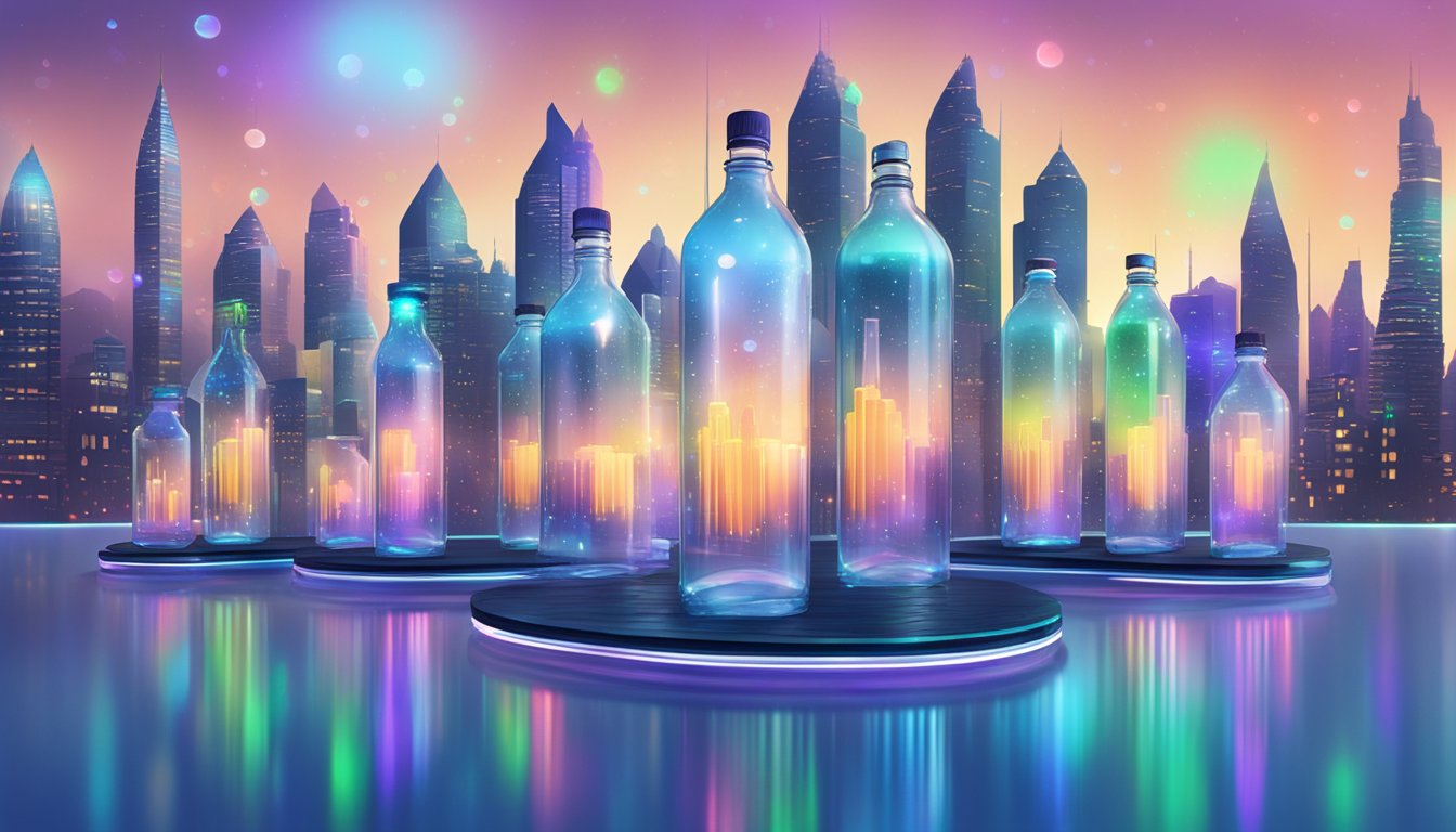 A futuristic city skyline with sleek, transparent water bottles floating in the air, surrounded by holographic water droplets and a glowing "Defy" logo