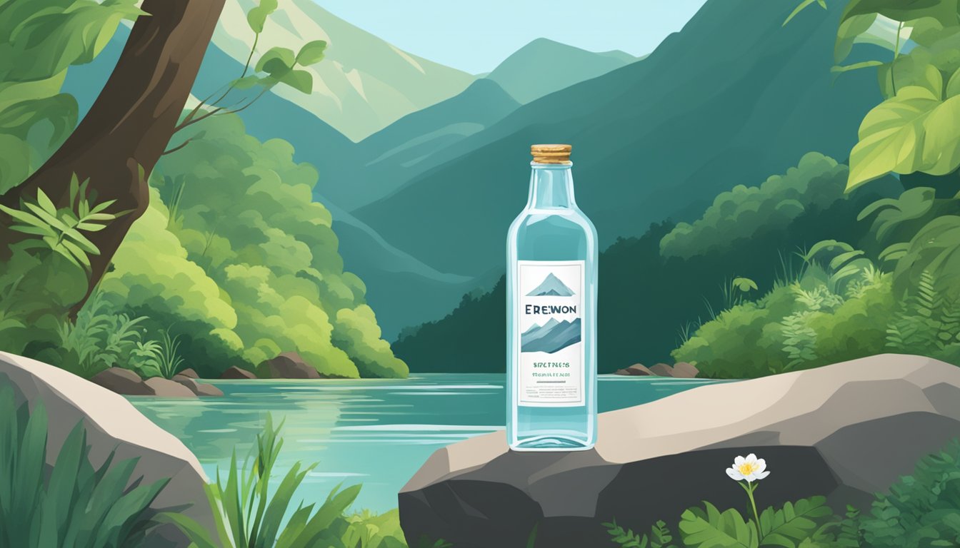 A serene mountain spring surrounded by lush greenery. A clear, glass bottle of Erewhon water sits on a rock