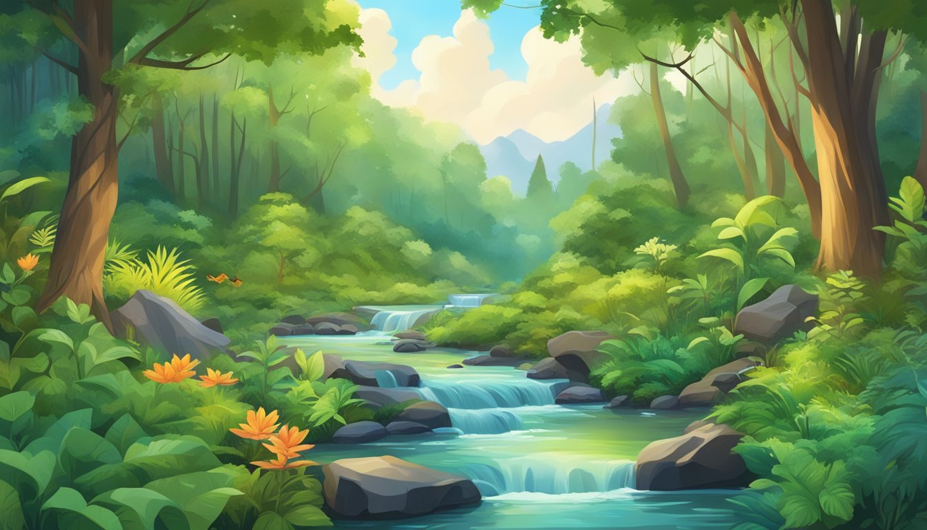 A lush forest with a clear stream flowing through, surrounded by diverse wildlife and vibrant plant life