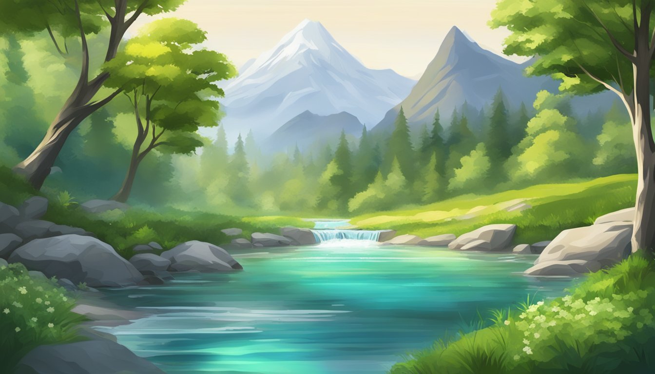 A pristine mountain spring surrounded by lush greenery, with a clear stream flowing into a crystal-clear lake