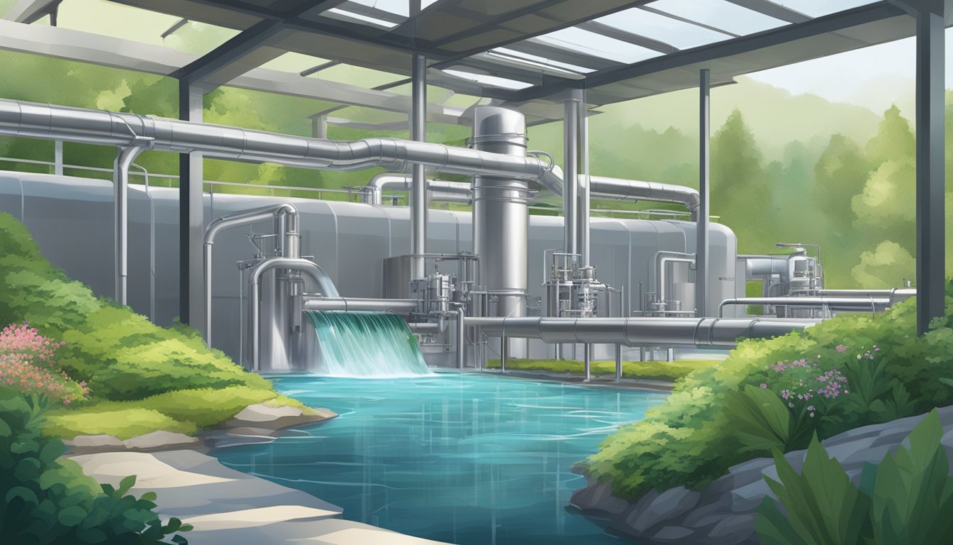 A pristine mountain spring flows into a sleek, modern water bottling facility surrounded by lush greenery