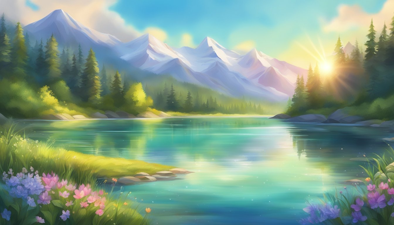 A serene mountain spring flows into a crystal-clear lake, surrounded by lush greenery and vibrant wildflowers. The water sparkles in the sunlight, pure and invigorating