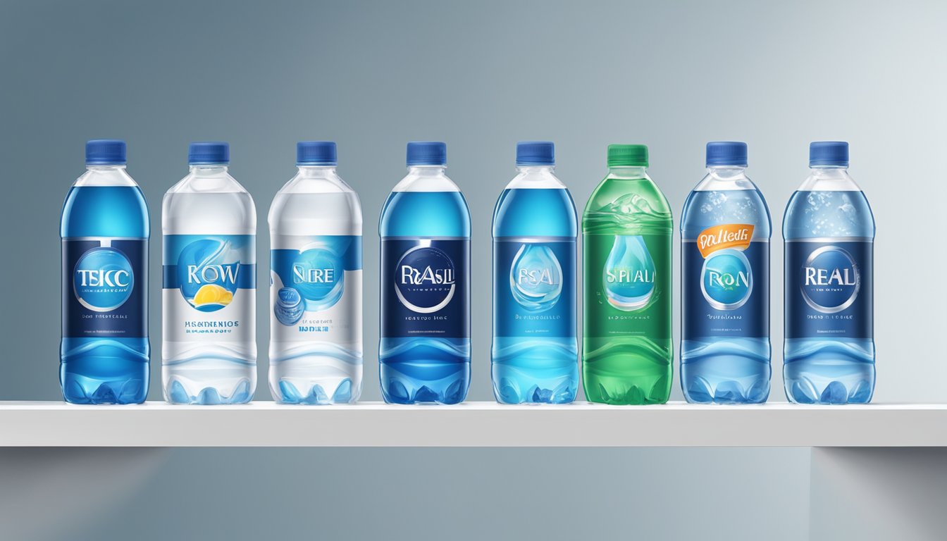 A row of various bottled water brands lined up on a shelf, with a spotlight shining on one particular brand