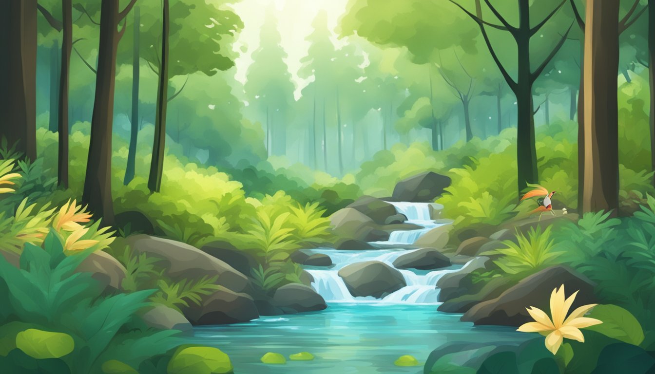 A serene forest with a clear stream flowing through it, surrounded by lush greenery and wildlife, with a single bottle of water placed in the center