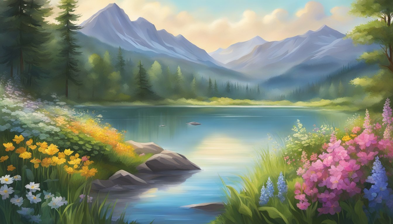 A serene mountain spring flows into a crystal-clear lake, surrounded by lush greenery and vibrant wildflowers