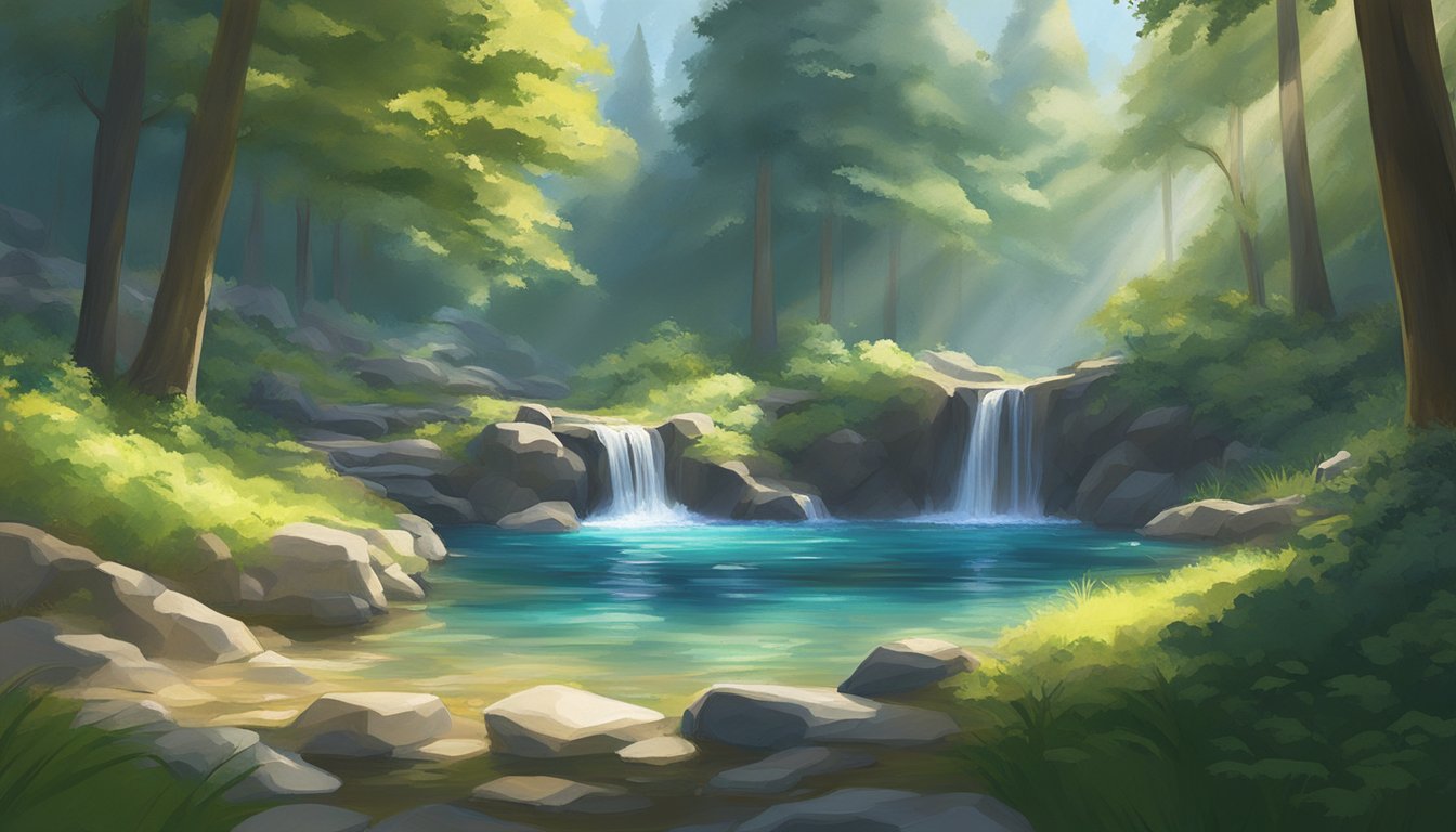 A pristine mountain spring flows into a tranquil pool, surrounded by lush greenery and towering trees. A beam of sunlight illuminates the crystal-clear water, casting a serene glow over the scene