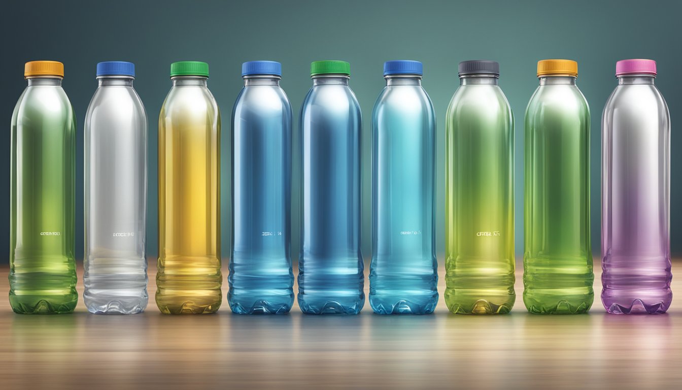 A lineup of various water bottles, with Essentia standing out as the most prominent and visually appealing option