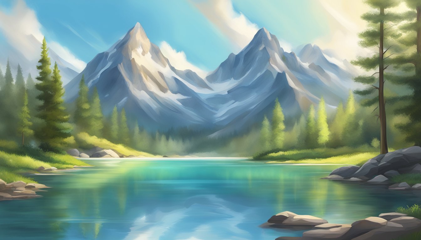 A serene mountain spring flows into a crystal-clear lake, reflecting the endless sky above