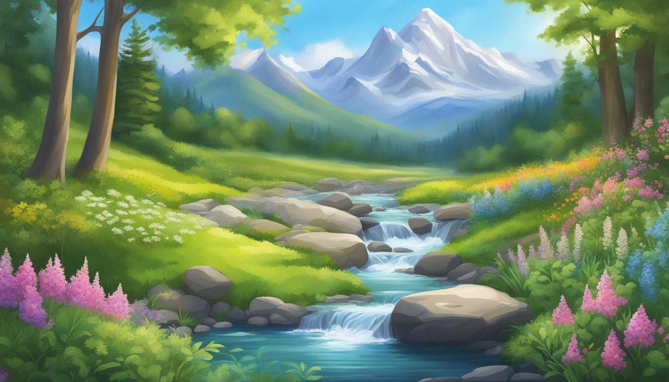 A serene mountain spring flows into a crystal-clear stream, surrounded by lush green foliage and vibrant wildflowers